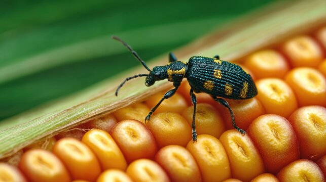 Southern Corn Rootworm beetle eating kernels on ear of corn. Agriculture pest control, insect damage and farming insecticide concept.