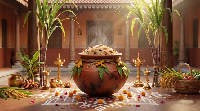 Traditional pongal festival celebration with a steaming clay pot of rice, sugarcane stalks, brass oil lamps, and a white kolam floor pattern in a rustic courtyard setting