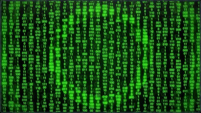 Digital green binary code background with glowing circular data patterns and scrolling matrix numbers