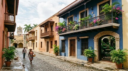 Fototapeta premium Colorful Colonial Street with Cobblestones and People Walking