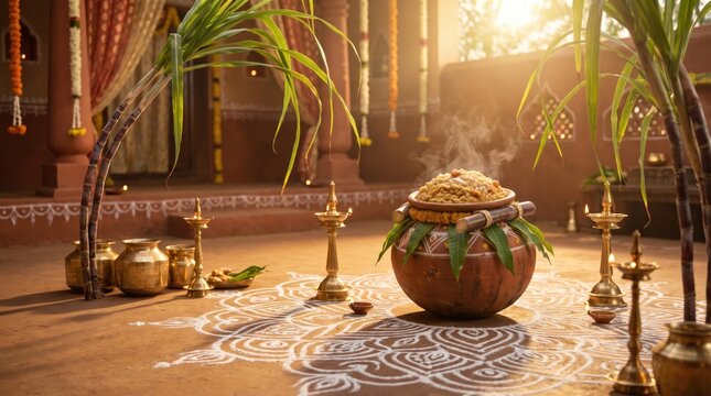 Traditional pongal harvest festival scene with a steaming clay pot of rice, sugarcane stalks, brass oil lamps, and intricate white kolam floor patterns in a sunlit courtyard