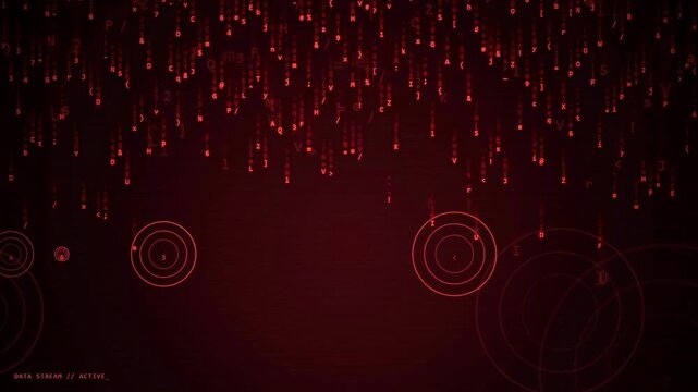 Abstract Red Digital Data Stream with Falling Particles and Glowing Concentric Circular Network Lines