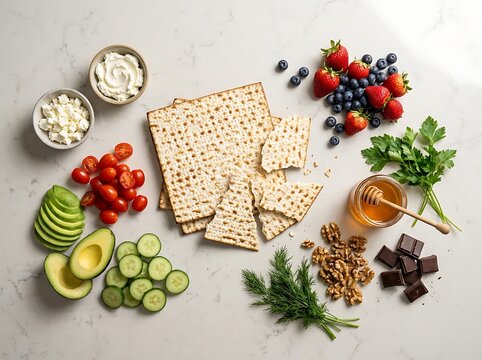 Crispy matzah crackers served with fresh fruits vegetables herbs nuts honey and dark chocolate pieces. Matzah recipe ideas