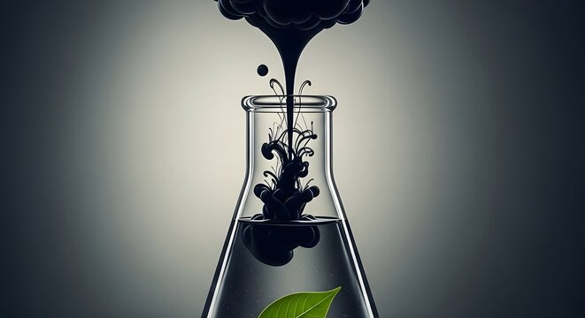 Industrial Pollution Concept with Lab Flask and Green Leaf