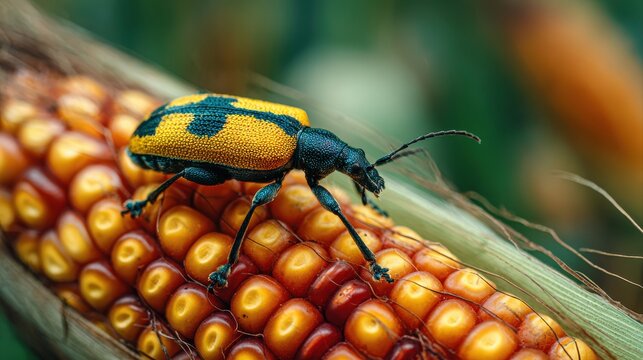 Southern Corn Rootworm beetle eating kernels on ear of corn. Agriculture pest control, insect damage and farming insecticide concept.