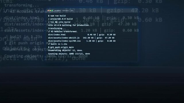 Close up of computer screen showing scrolling lines of code and software build process