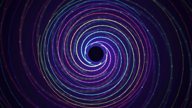 Abstract colorful glowing neon particles spiraling into a central vortex on a dark background