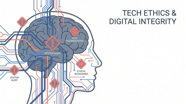 Visualizing the intricate relationship between technology, the human mind, and the vital principles of digital ethics and data integrity in the age of information