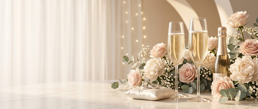 Two flutes of sparkling champagne, a bottle of wine, and a small ring pillow surrounded by pale pink roses and green eucalyptus leaves on a marble table