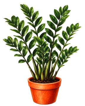 Zamioculcas Zamiifolia ZZ Plant Botanical Watercolor Illustration with Glossy Green Leaves in Terracotta Pot