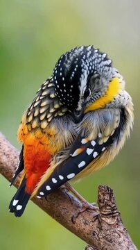Two Spotted Pardalotes pair vibrant Australian songbirds perching tree twig bright orange back plumage colorful feathers spotted crown yellow throat wildlife nature outdoor photography natural habita