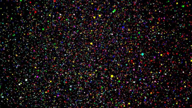 Dynamic motion graphic featuring vibrant multicolored particles floating against a dark black background. Ideal for party stage visuals, concerts, and festive overlays.