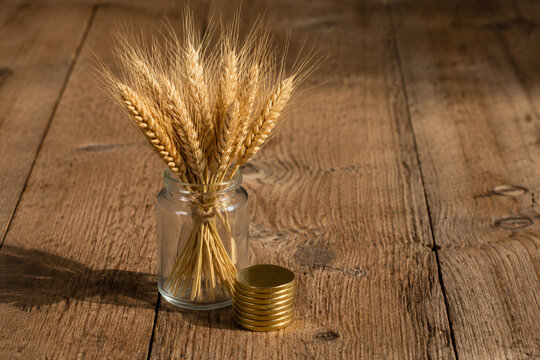 Wheat ears in glass jar with stack of gold coins on wooden table, agricultural subsidy and harvest wealth concept
