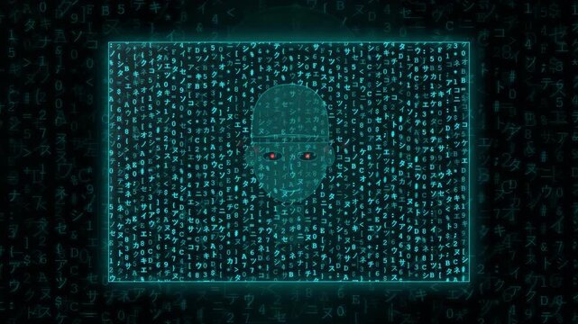 Digital Human Face Emerging from Binary Code and Plexus Network on Futuristic Cyber Screen