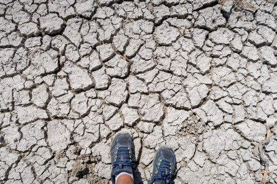 Hiker standing on cracked dry earth during drought