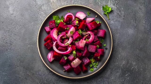 4K Video of a fresh beetroot salad with sliced red onion and herbs served in a dark bowl.