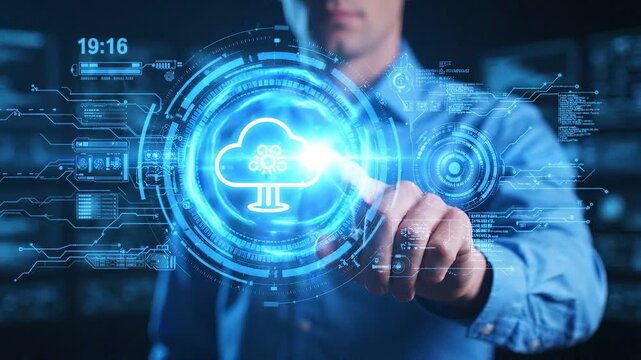 Man interacting with futuristic holographic interface showing cloud computing technology and data analytics with glowing neon blue light in dark environment.
