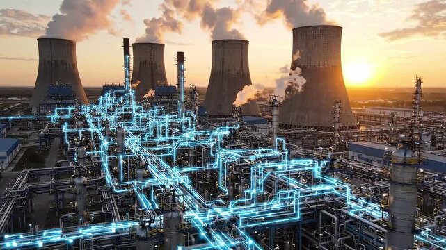 Aerial view of a sprawling industrial complex at sunset with glowing blue digital network overlay, energy production, advanced technology.