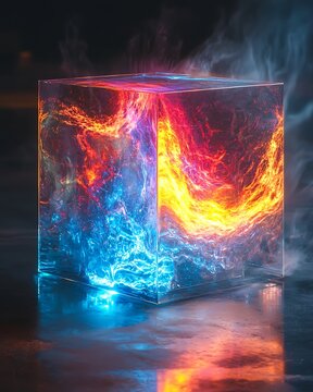 Cosmic Cube Anomaly: A translucent cube pulses with vibrant, swirling cosmic energy, featuring a dramatic contrast between fiery reds and cool blues, enveloped in wisps of ethereal smoke.