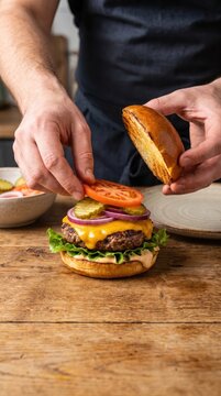Stacked Smash Burger Assembled with Cheese and Tomato