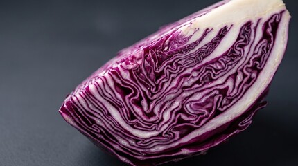 Obraz premium Fresh red cabbage wedge on dark background, sliced purple cabbage cross section, organic vegetable for healthy cooking and salad preparation