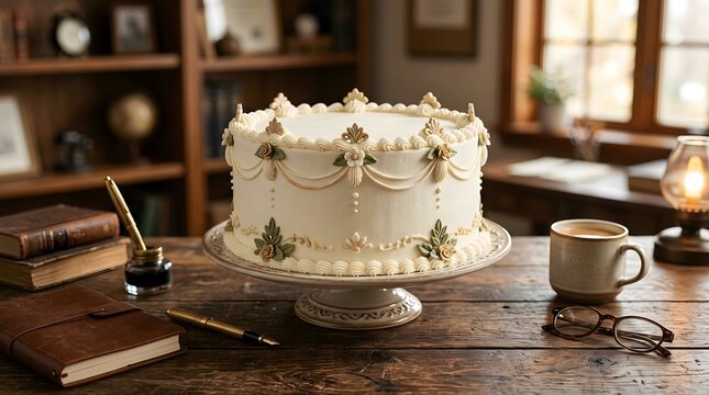 Elegant vintage cake on a pedestal stand surrounded by old books, inkwell, and cozy library background, concept for dark academia celebration, ideal for bakery marketing and luxury invitation design