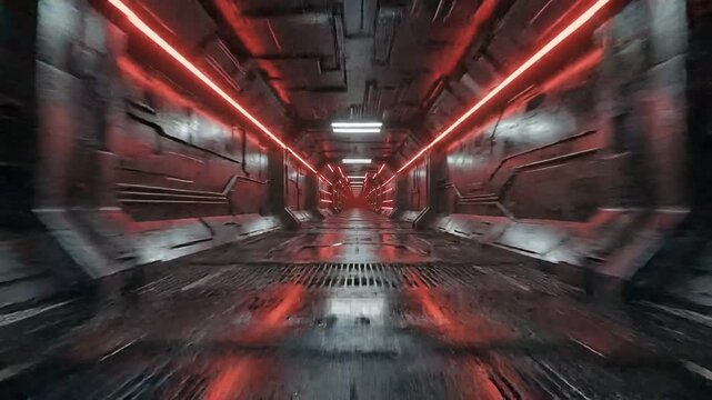 Futuristic metal spaceship tunnel corridor with glowing red neon lights and reflective floor, seamless motion background for sci-fi, technology and gaming.