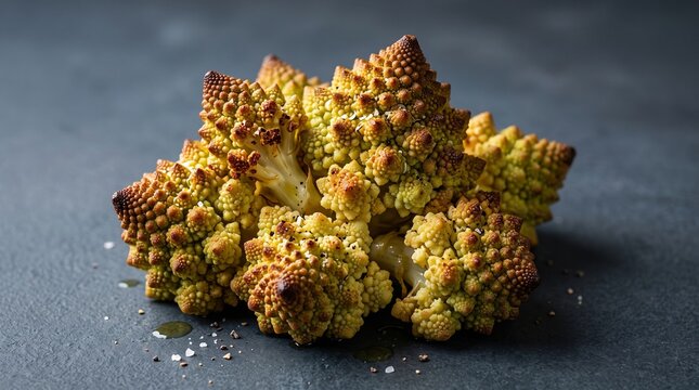 Roasted romanesco cauliflower florets, golden brown fractal vegetable on dark stone background, healthy gourmet vegan side dish