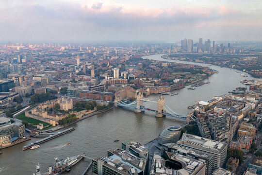 Tower Bridge over River Thames with Canary Wharf skyline