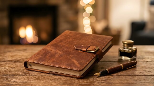 Rustic leather notebook on a wooden table with vintage fountain pen, inkwell, and cozy fireplace lights background, concept for storytelling and reflection, ideal for literary blogging and journaling