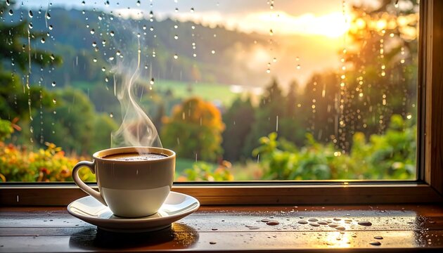 Steaming Coffee Cup on Rainy Window Sill Overlooking Autumn Forest Sunrise