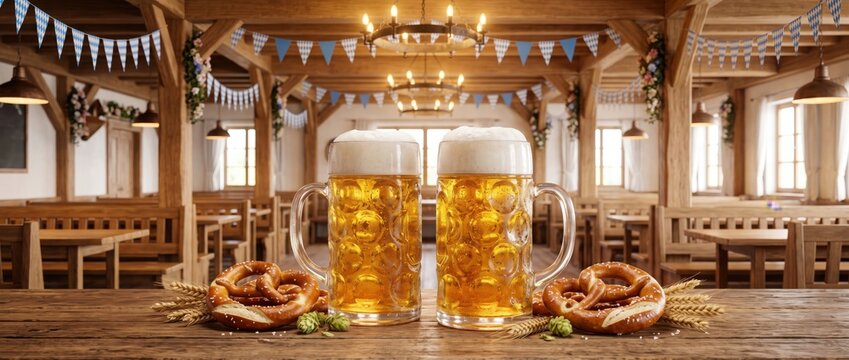 Two large glass beer mugs filled with golden lager, topped with thick white foam, sitting on a rustic wooden table with soft pretzels in a traditional bavarian beer hall setting