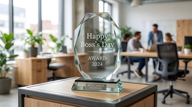 Elegant crystal award trophy on a wooden desk with blurred modern corporate office background, representing leadership appreciation and employee gratitude, ideal for Boss Day celebration campaigns