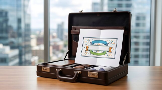 Sleek brown leather briefcase with open lid showcasing a printed paper ribbon mockup against a high-rise office window, concept for corporate success and executive branding, perfect for business