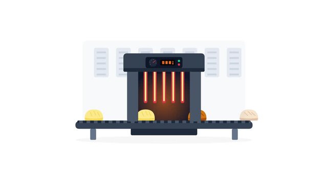 Automated Bread Baking Process on Conveyor Belt with Oven - Industrial Food Production Animation