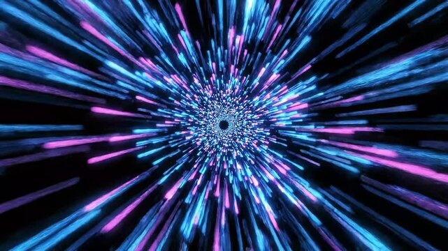 Abstract neon light tunnel with pink and blue streaks, moving forward fast through futuristic space, digital art, high speed motion effect.