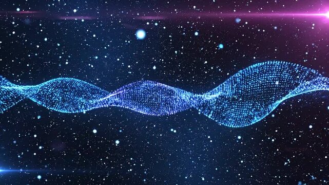 Abstract digital DNA helix wave composed of glowing particles moving through starry cosmic space with vibrant neon light flares.