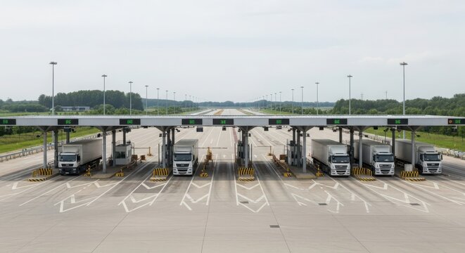 Commercial trucks line up at an international border checkpoint toll plaza on a highway