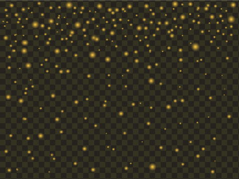Abstract background with falling golden glitter particles and glowing stars on a dark transparent backdrop