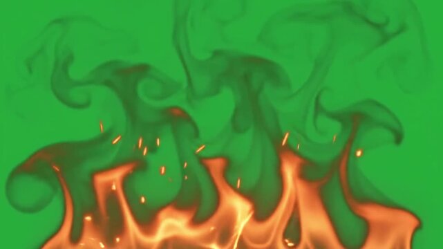 Fiery flame tongues burning brightly with glowing sparks green screen video. spark orange fire burn heat spark orange green screen overlay