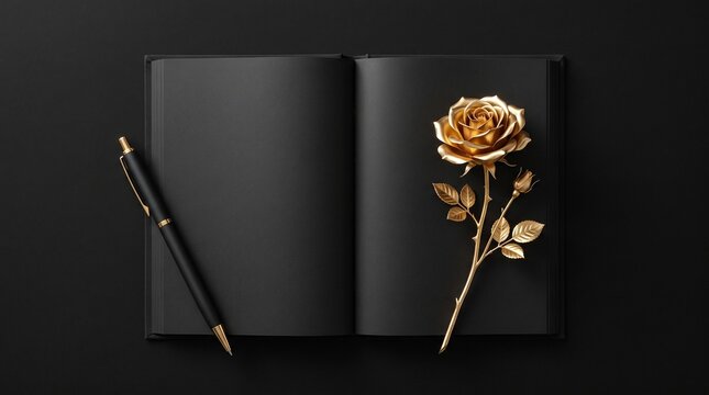 Elegant Open Black Notebook with Gold Rose & Pen - Luxury Creative Writing Setup