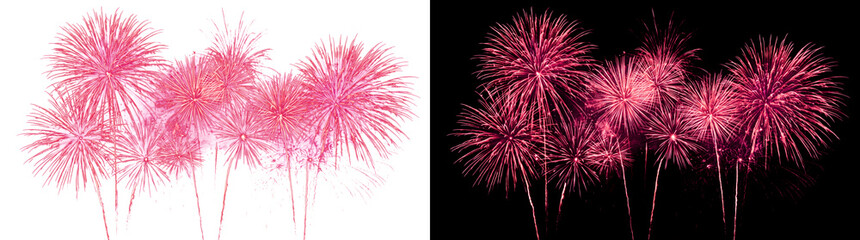 Obraz premium Fireworks glowing in pink sparks fill a dark sky for festive PNG, Transparent and Black Background Versions celebration designs