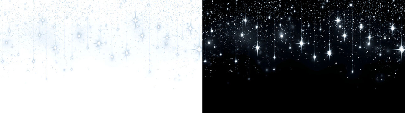 Sparkle falling in silver white light on black, ideal for festive PNG, Transparent and Black Background Versions holiday designs
