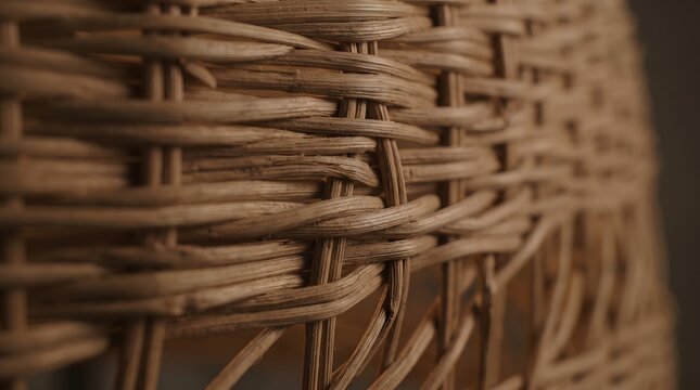 Close-up macro texture of woven brown wicker rattan basket showing natural wooden patterns