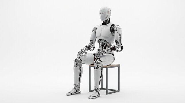 Advanced humanoid robot sitting on a simple stool against a white background