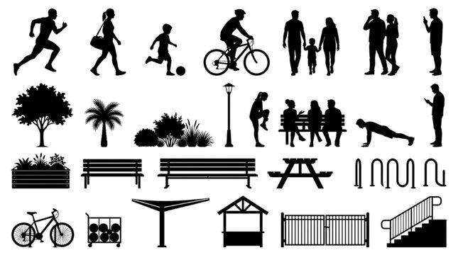 Park landscape entourage with active people, trees, furniture, and bike racks CAD silhouettes for elevation renderings