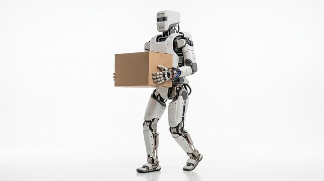 Advanced humanoid robot carefully carries a cardboard box in a studio setting
