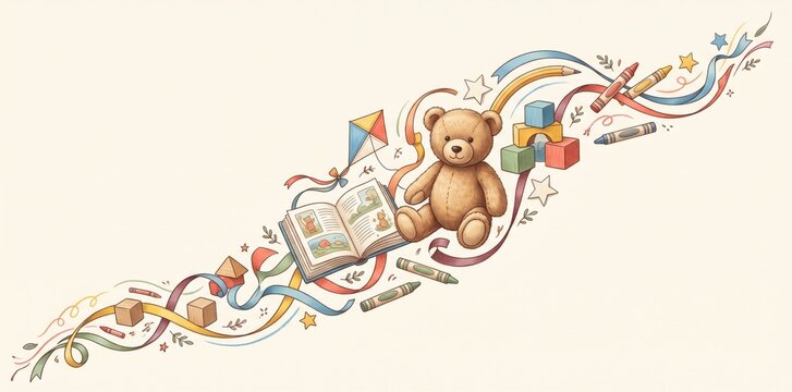 Watercolor of a teddy bear, open storybook, colorful building blocks, kites, and crayons arranged in a diagonal swirl pattern on a cream background