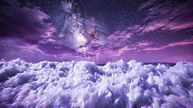 Cosmic ocean wave crashes with ethereal galaxy and stardust clouds above otherworldly purple sea and starry night sky.
