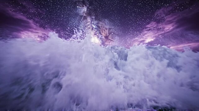 Cosmic ocean wave crashes under milky way galaxy with vibrant purple nebula and starry sky cinematic motion of nature and universe discovery.